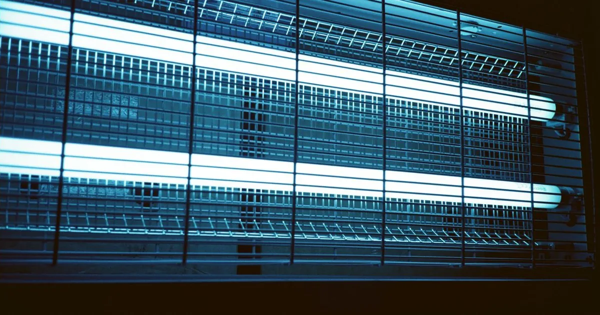 Blue ultraviolet tubes glowing behind the metal grille of an electric insect trap at night