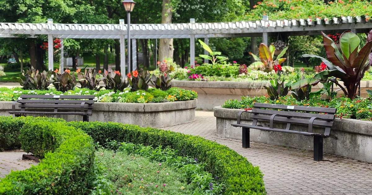 A quiet green park garden in summer